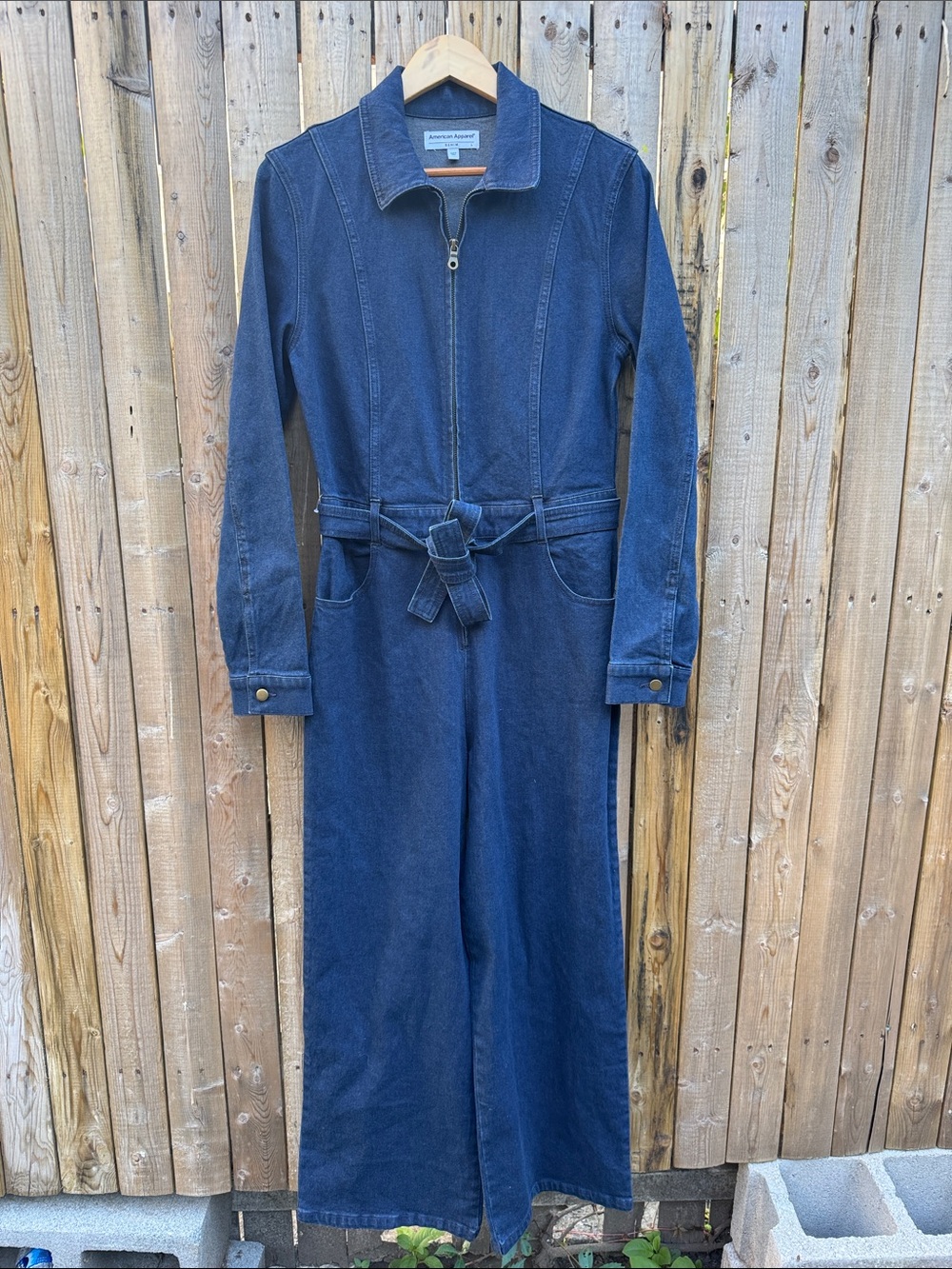 American Apparel Dark Blue Denim Jumpsuit Jacket with Tie Belt